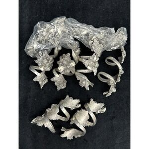 Vintage Seagull Pewter Napkin Rings Pinecones Satin Set of 8 Christmas Table